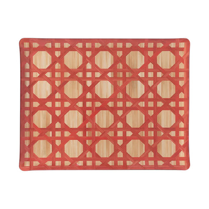 The Epoch Versailles Collection placemat by HestiaLiving features a light wood pattern with a red geometric lattice, ideal for al fresco dining or holiday gatherings.