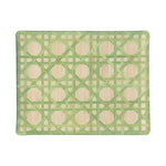 The Epoch Versailles Collection rectangular tray by HestiaLiving features a green and beige geometric lattice on white, inspired by woven caning—perfect for al fresco dining or entertaining with stylish elegance.