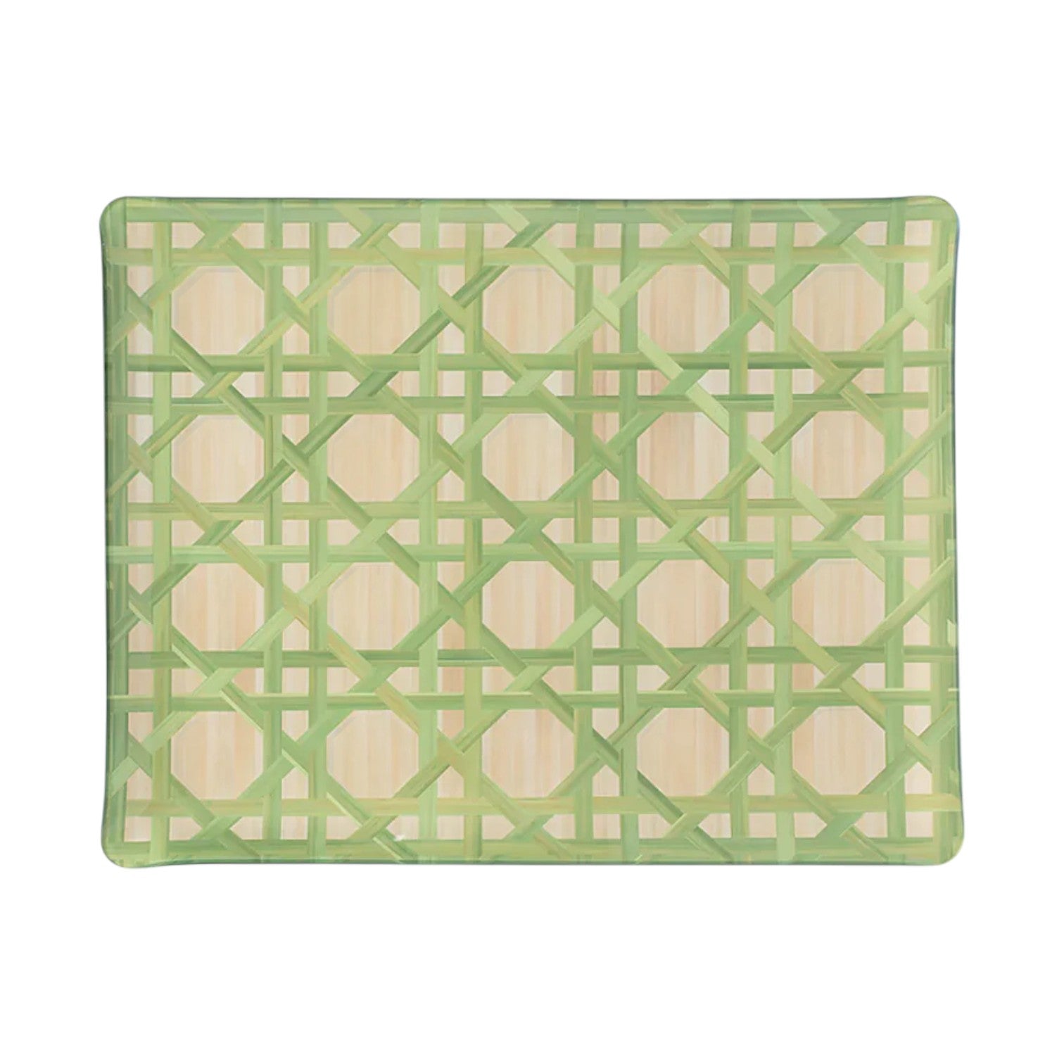 The Epoch Versailles Collection rectangular tray by HestiaLiving features a green and beige geometric lattice on white, inspired by woven caning—perfect for al fresco dining or entertaining with stylish elegance.