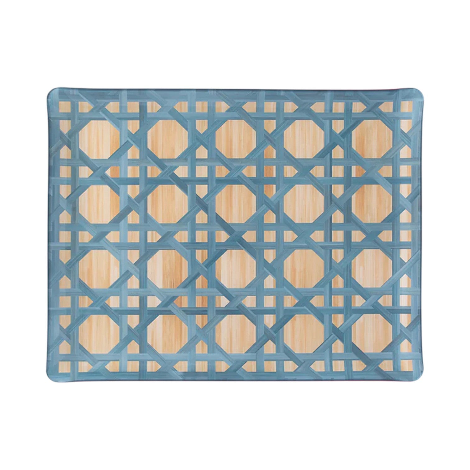 The HestiaLiving Epoch Versailles Collection tray features a blue lattice pattern over a light wood grain background—ideal for holiday entertaining or al fresco dining.