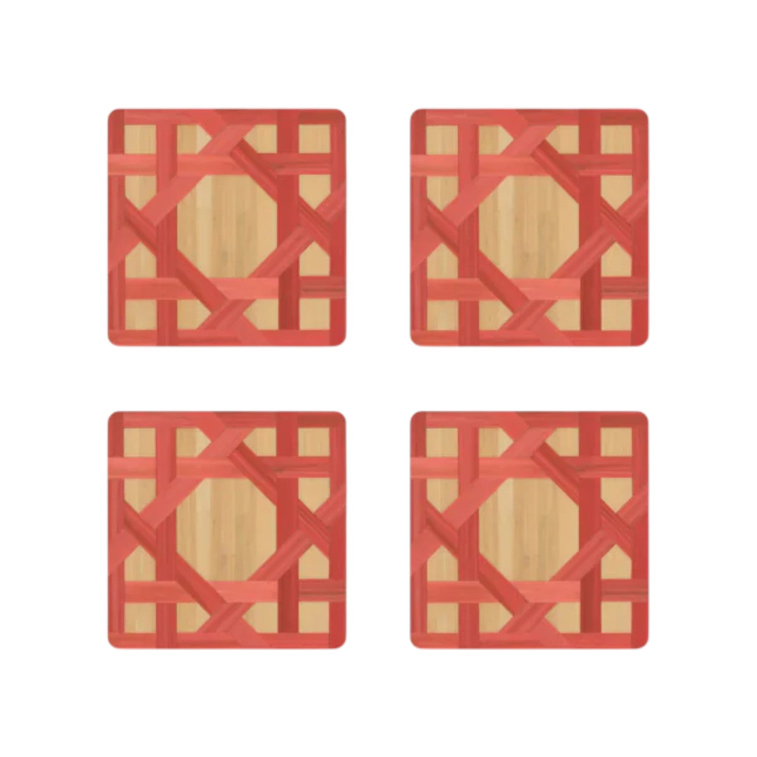 The Epoch Versailles Collection by HestiaLiving features four square wooden coasters with red geometric lattice patterns, arranged in a two-by-two grid—ideal for holiday entertaining or al fresco dining.