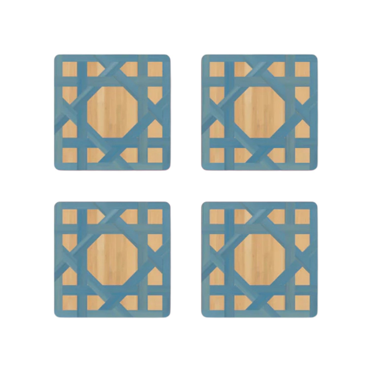 The Epoch Versailles Collection by HestiaLiving features four square trivets with a light wood center and blue geometric border, detailed with woven caning—ideal for holiday entertaining or relaxed al fresco dining.