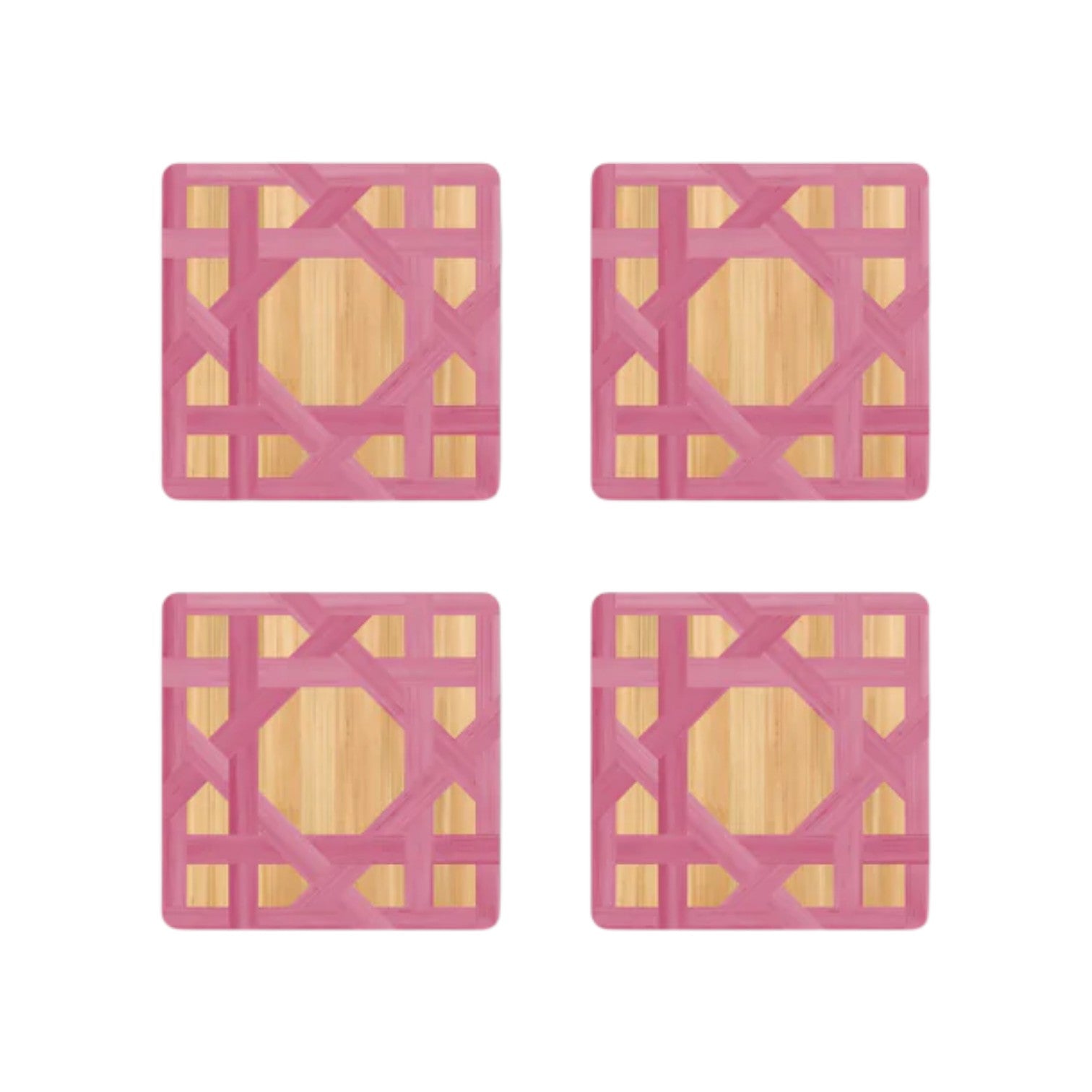 The HestiaLiving Epoch Versailles Collection features a set of four square coasters with light wood centers, woven caning, and geometric pink borders—stylish accents for al fresco dining or holiday entertaining.