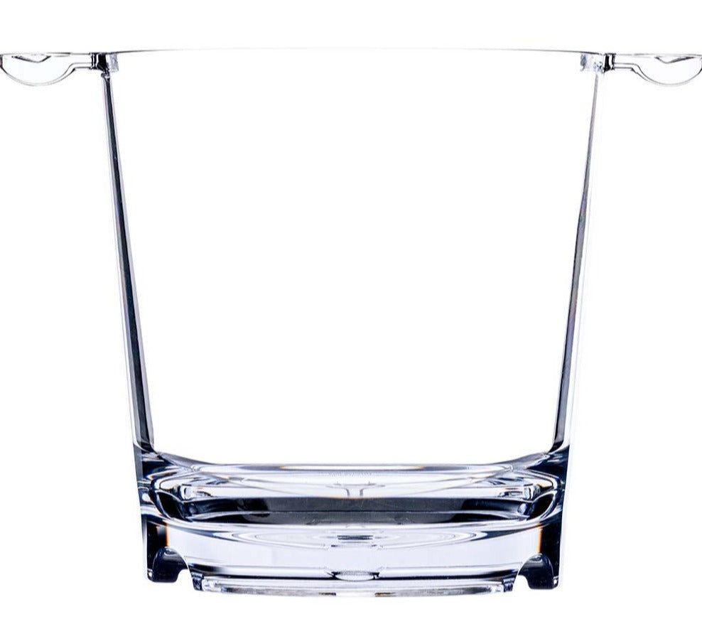 The Bold Vogue Acrylic Ice Bucket, featuring a clear and elegant design with two small side handles, is photographed against a white background.