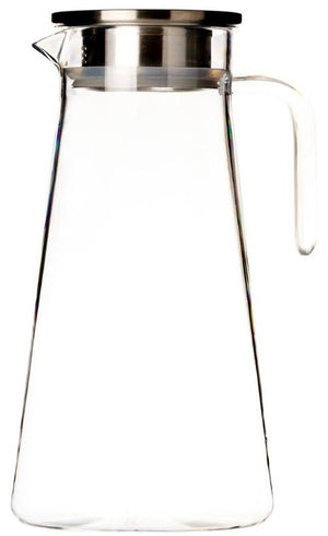 The Bold Aloha Acrylic Pitcher with Lid features a 60-ounce capacity, clear acrylic body, wide base, straight sides, handle, and a stainless steel lid.