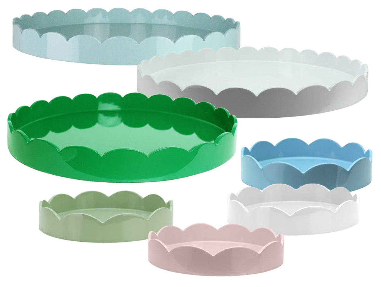 The Addison Ross Round Scalloped Lacquer Tray Collection features glossy trays in green, white, blue, pink, and light green, arranged in various sizes against a white background.