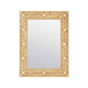 The Adelise Oak & Bone Mirror by Made Goods features a tan and cream floral pattern with vine and flower motifs on a white oak frame, adding an elegant touch to your space.