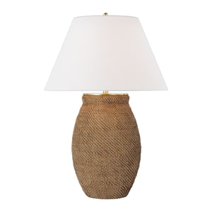 The Visual Comfort Avedon Large Table Lamp features a textured woven brown rattan base and a large white tapered shade, bringing nature-inspired style to any space.