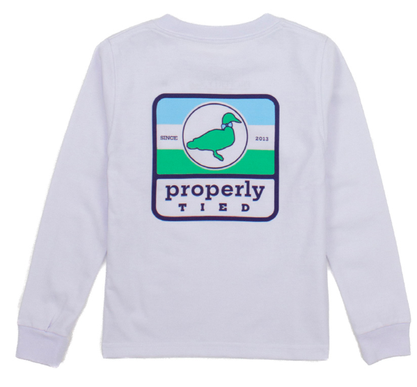 A classic white long-sleeve Properly Tied Signature LS Tee with a blue and green bird on it.