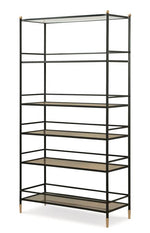 The Tom-Tom Etagere by Century Furniture is a tall, open-frame shelving unit with six shelves and a glass top, featuring a black metal structure with gold accents on the feet and corners, inspired by wrought iron furniture.