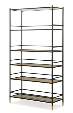 The Tom-Tom Etagere by Century Furniture is a tall, open-frame shelving unit with six shelves and a glass top, featuring a black metal structure with gold accents on the feet and corners, inspired by wrought iron furniture.