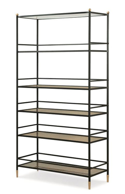 The Tom-Tom Etagere by Century Furniture is a tall, open-frame shelving unit with six shelves and a glass top, featuring a black metal structure with gold accents on the feet and corners, inspired by wrought iron furniture.