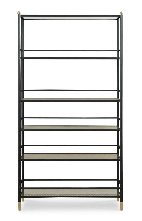 The Tom-Tom Etagere by Century Furniture is a tall black wrought iron bookshelf with six evenly spaced shelves and gold accents at the top corners and feet, shown against a white background.