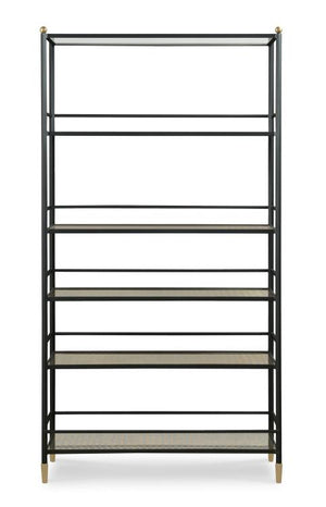 The Tom-Tom Etagere by Century Furniture is a tall black wrought iron bookshelf with six evenly spaced shelves and gold accents at the top corners and feet, shown against a white background.