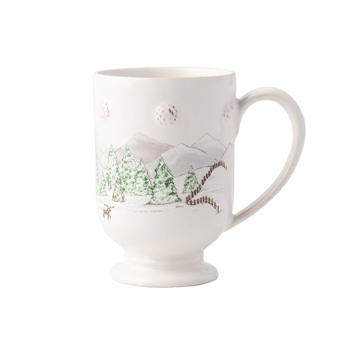 The Juliska Berry & Thread North Pole Dinnerware and Serveware Collection features a white ceramic mug with handle, decorated with snowy trees, mountains, and a reindeer—perfect for your festive Christmas table.