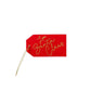 A Caspari Love, Santa Claus Gift Tag Set featuring red hanging tags with gold string and "Love, Santa Claus" handwritten in gold script.