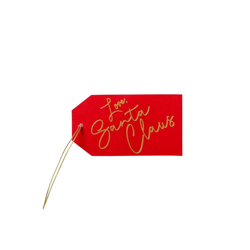 A Caspari Love, Santa Claus Gift Tag Set featuring red hanging tags with gold string and "Love, Santa Claus" handwritten in gold script.