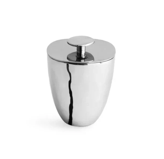 A gleaming, polished stainless steel container with a round lid and central knob from the Michael Aram Reflective Bath Collection, photographed against a plain white background—an elegant addition to your bathroom counter accessories.