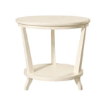 The Rye Round Side Table in Chalk by Hickory Chair features a cream wood design with four angled legs and lower shelf, ideal for modern interiors. Photographed against a white background.