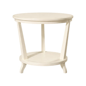 The Rye Round Side Table in Chalk by Hickory Chair features a cream wood design with four angled legs and lower shelf, ideal for modern interiors. Photographed against a white background.