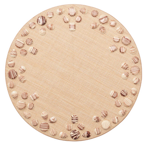 The Kim Seybert Cabochon Placemat in natural and brown features a round design with cabochon bead-like patterns, offering a touch of subtle elegance reminiscent of luxurious galas.