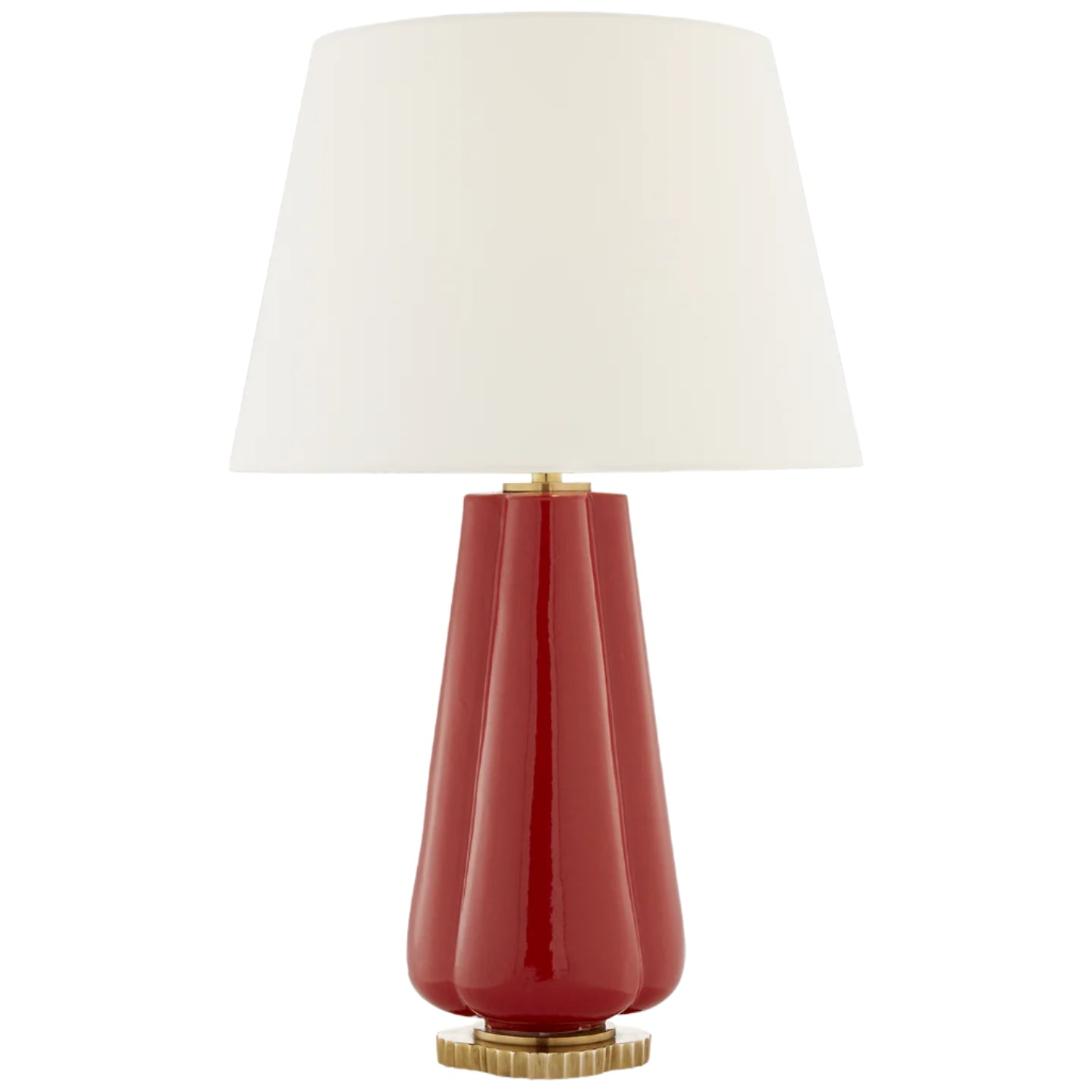 The Penelope Table Lamp Collection by Visual Comfort features a glossy red ceramic base with gold accents and a wide white shade, creating warm ambient light with modern style for any room.