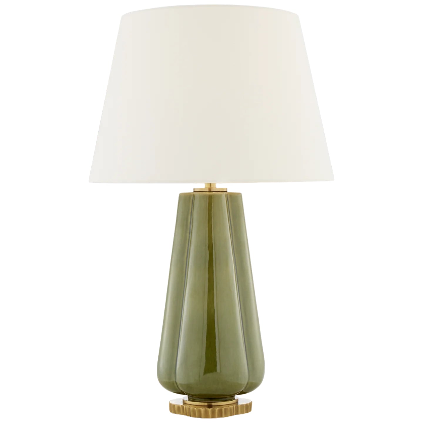 The Penelope Table Lamp Collection by Visual Comfort showcases a glossy olive-green ceramic base with gold accents and a white tapered shade, delivering modern style and soft ambient light to any space.