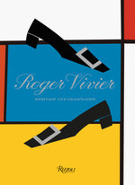 Book cover for "Roger Vivier" by Rizzoli, showcasing two black buckle shoes on a Mondrian-style geometric background—ideal for fashion archives.