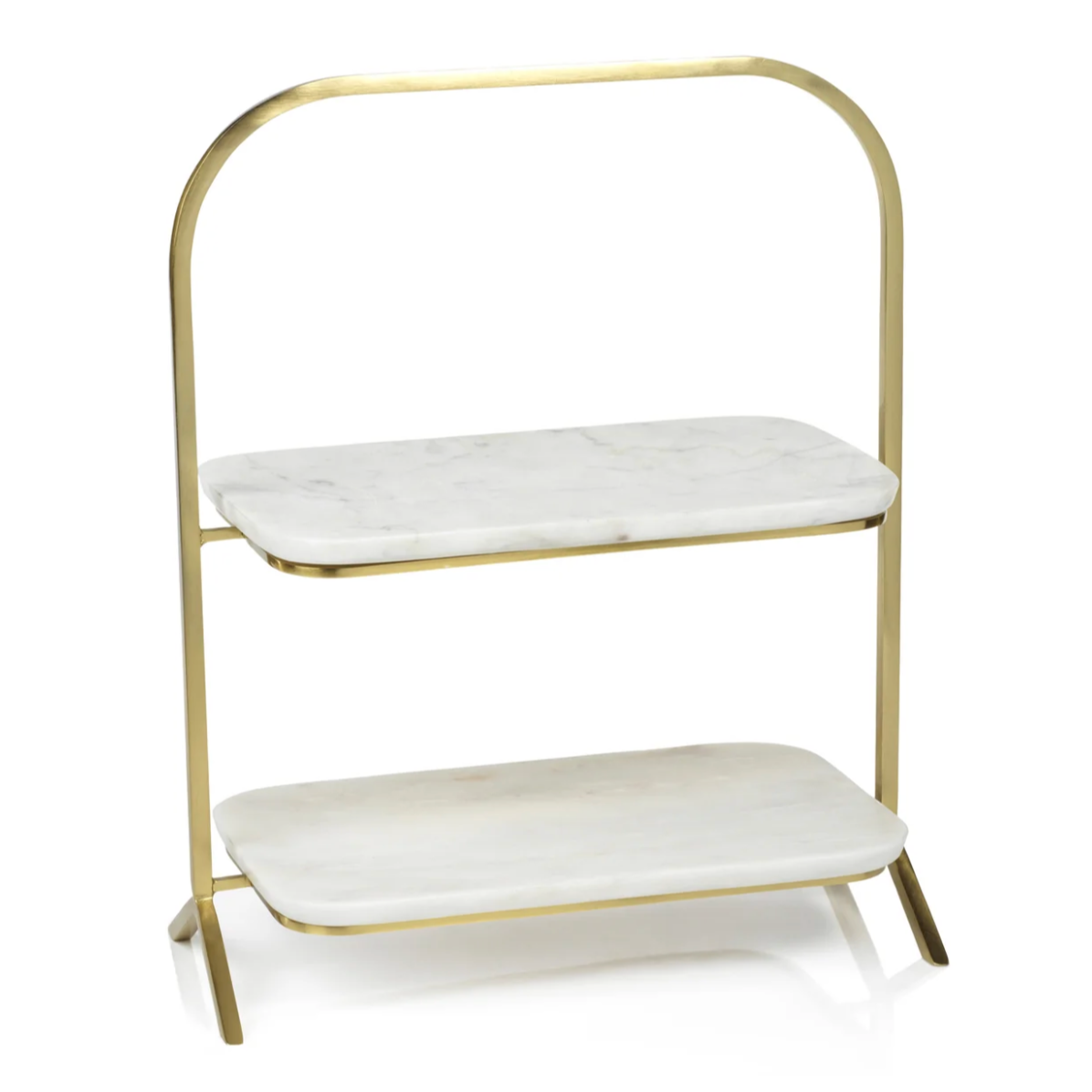 The Zodax Madeleine Marble Two-Tier Stand features a gold metal frame, white marble shelves with rounded edges, and a minimalist design—an elegant choice for stylish entertaining.