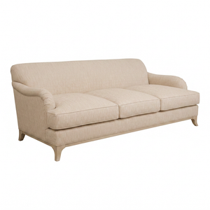 The Crowley Sofa by Hickory Chair is a beige three-seat modern sofa featuring upholstered cushions, subtly curved armrests inspired by the classic English Arm style, and wooden legs, displayed against a plain white background.