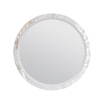 The Albert Kabibe Shell Mirror by Made Goods features a round beveled edge and an iridescent polished shell frame, shown on a white background. This versatile mirror adds elegance to any space.