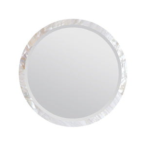 The Albert Kabibe Shell Mirror by Made Goods features a round beveled edge and an iridescent polished shell frame, shown on a white background. This versatile mirror adds elegance to any space.