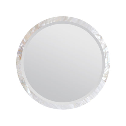 The Albert Kabibe Shell Mirror by Made Goods features a round beveled edge and an iridescent polished shell frame, shown on a white background. This versatile mirror adds elegance to any space.