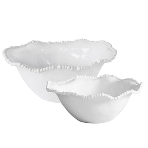 Two white bowls from the Vida Alegria Melamine Bowl Collection by Beatriz Ball feature wavy, textured rims and a beaded edge, offering the look of luxury melamine on a plain white background.