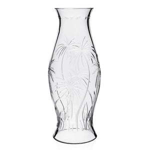 The Alexis Crystal Hurricane Shade and Large Candle Holder by William Yeoward Crystal features clear glass with an etched tropical palm tree design, ideal for adding a breezy touch to your décor.
