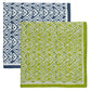 The Alfresco Tablecloth by Kim Seybert, made from 100% cotton, showcases blue and green geometric patterns inspired by Indian block printing, with sections artfully overlapping each other.