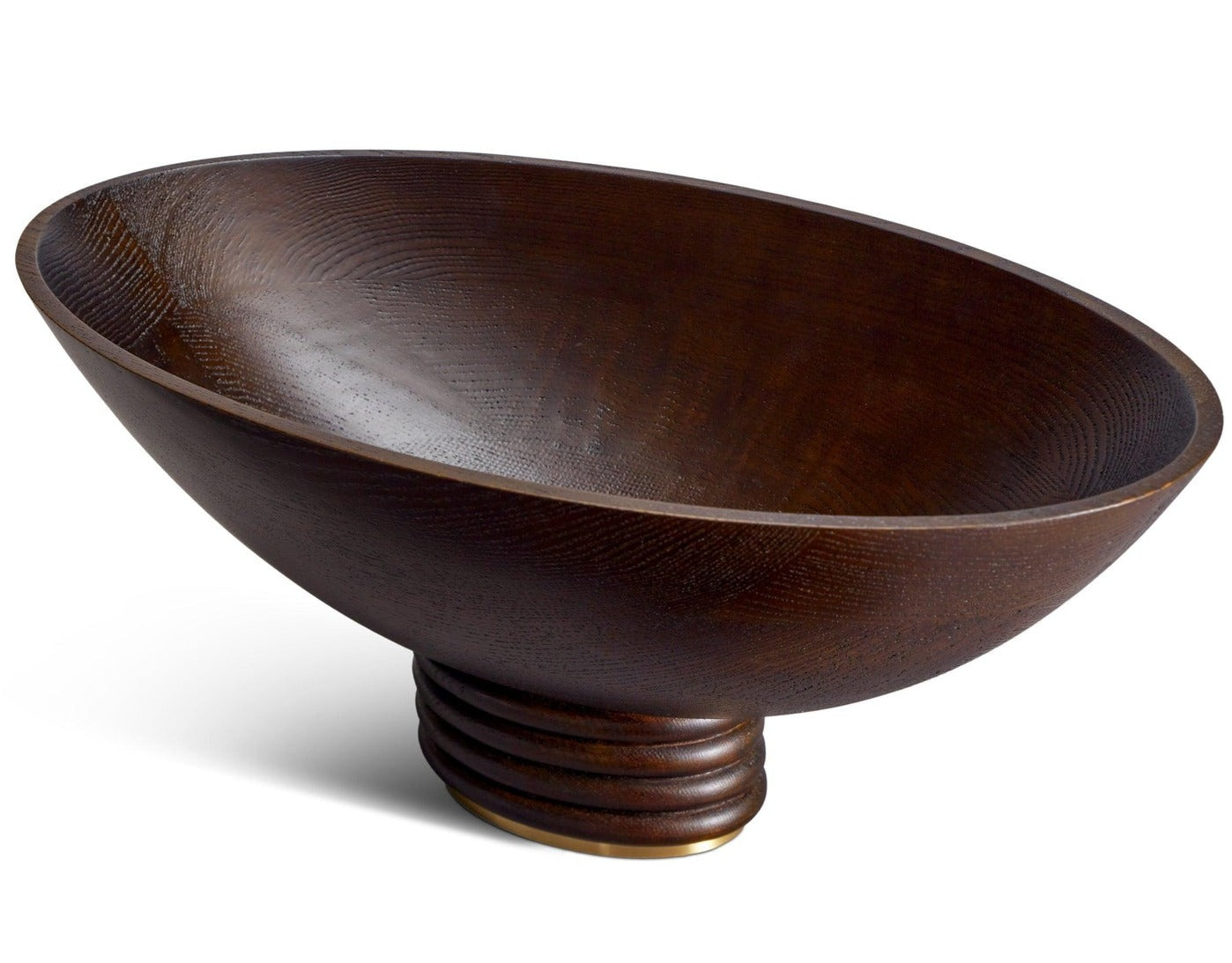 The L'Objet Alhambra Bowl Collection features a dark smoked ash bowl with a wide, shallow silhouette and round, tiered base, shown here as an eye-catching decorative accent against a white background.