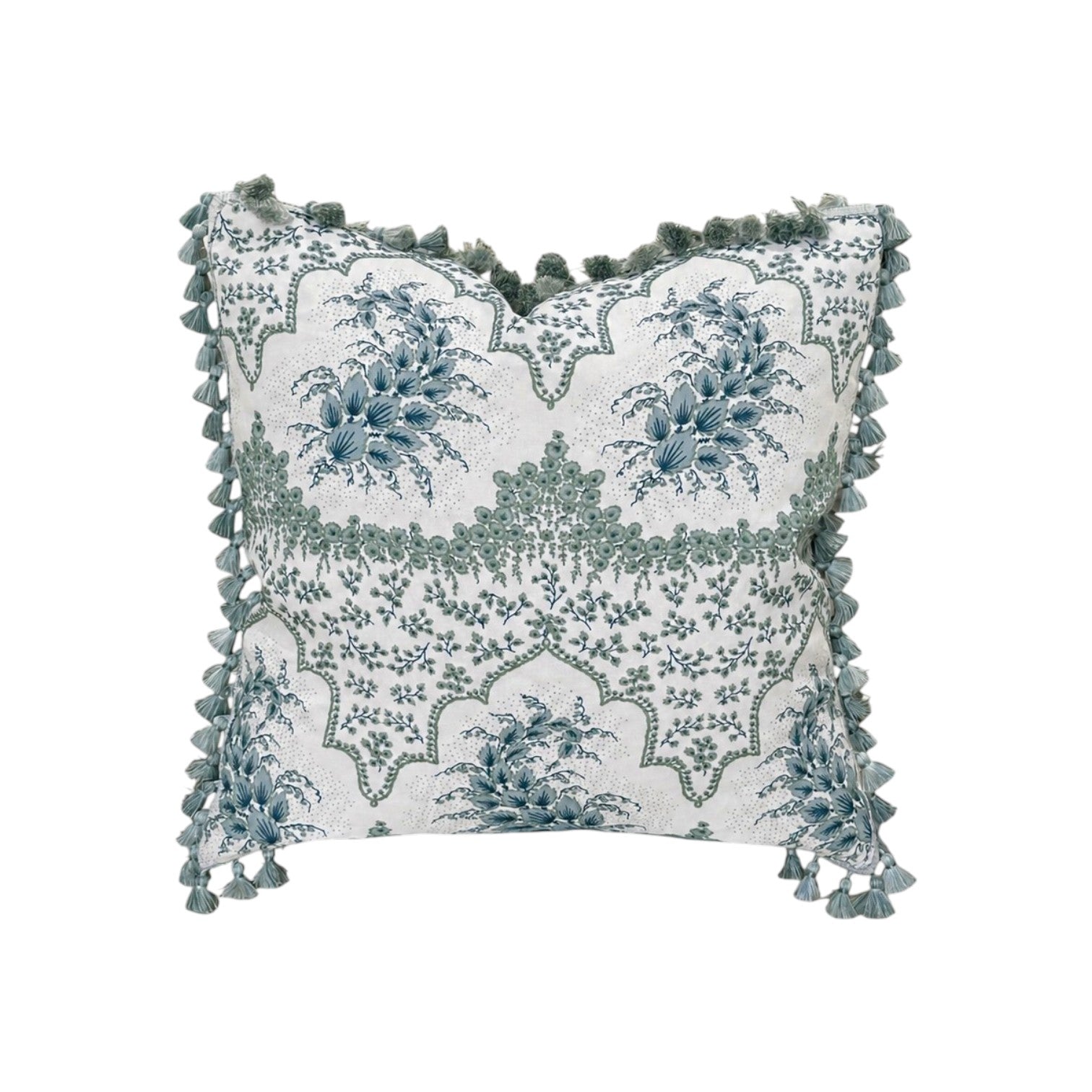 The Alhambra Pillow by Hive Custom Pillows features blue floral designs on a white background with green tassels—an elegant, decorative square pillow perfect for adding a unique, luxurious touch to your decor.