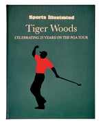 Graphic Image’s 'Tiger Woods: Celebrating 25 Years on the PGA Tour' is a green-covered illustrated gift book featuring a silhouette of Tiger Woods in a red shirt.