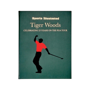 Graphic Image’s 'Tiger Woods: Celebrating 25 Years on the PGA Tour' is a green-covered illustrated gift book featuring a silhouette of Tiger Woods in a red shirt.