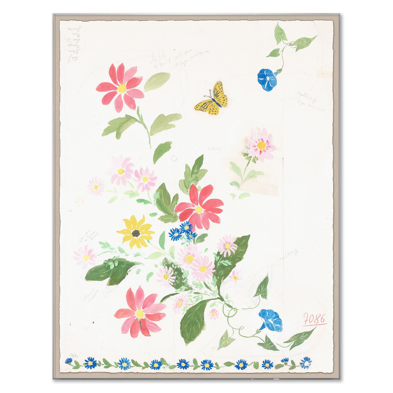 Habitat Naturelle 1 by Paule Marrot for Soicher Marin features an illustration of colorful flowers and green leaves, accented with a yellow butterfly near the top. Set against a white background with faint handwritten notes, this wall art evokes the elegance of Art Deco style and classic Paule Marrot prints.