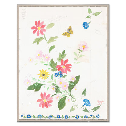 Habitat Naturelle 1 by Paule Marrot for Soicher Marin features an illustration of colorful flowers and green leaves, accented with a yellow butterfly near the top. Set against a white background with faint handwritten notes, this wall art evokes the elegance of Art Deco style and classic Paule Marrot prints.