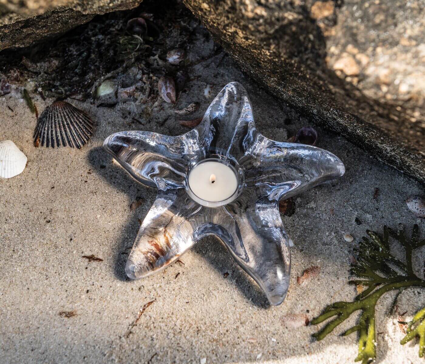 A lit tealight in a starfish-shaped holder from the Simon Pearce Starfish Glassware Collection sits on sandy ground with shells—an ideal beachcombing find or thoughtful summer host gift.