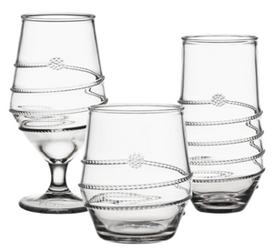 The Amalia Clear Acrylic Drinkware Collection by Juliska includes three textured pieces: a stemmed goblet and two stemless tumblers with straight bases.