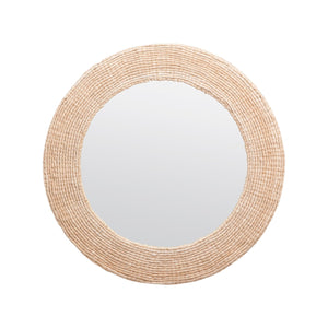 The Amani Round Abaca Rope Mirror by Made Goods features an organic, textured beige abaca border against a white backdrop.