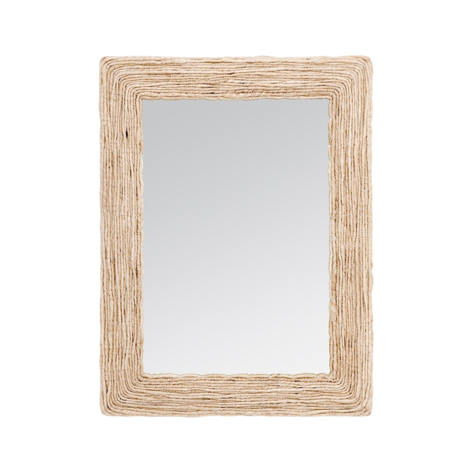 The Made Goods Amani Rectangular Abaca Rope Mirror features a thick, organically textured frame crafted from natural abaca fiber, displayed against a plain white background.