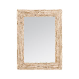 The Made Goods Amani Rectangular Abaca Rope Mirror features a thick, organically textured frame crafted from natural abaca fiber, displayed against a plain white background.