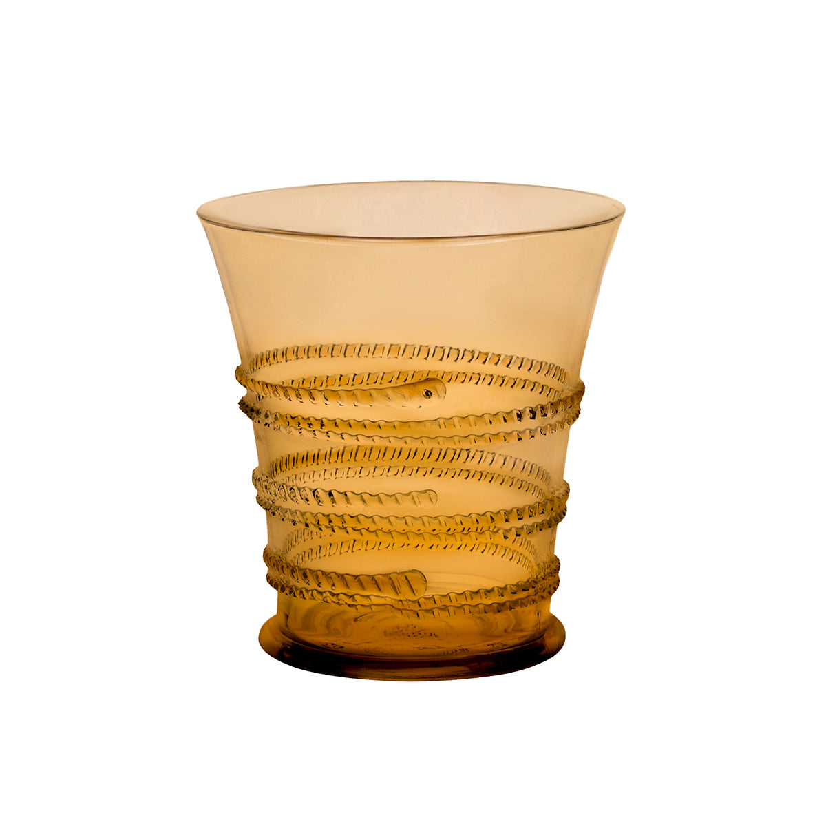 Introducing a tumbler from the Juliska Ella Drinkware Collection: amber-tinted artisan drinkware featuring a spiral, textured design wrapped around its exterior, expertly crafted in the signature mouth-blown style of Juliska and displayed against a plain white background.