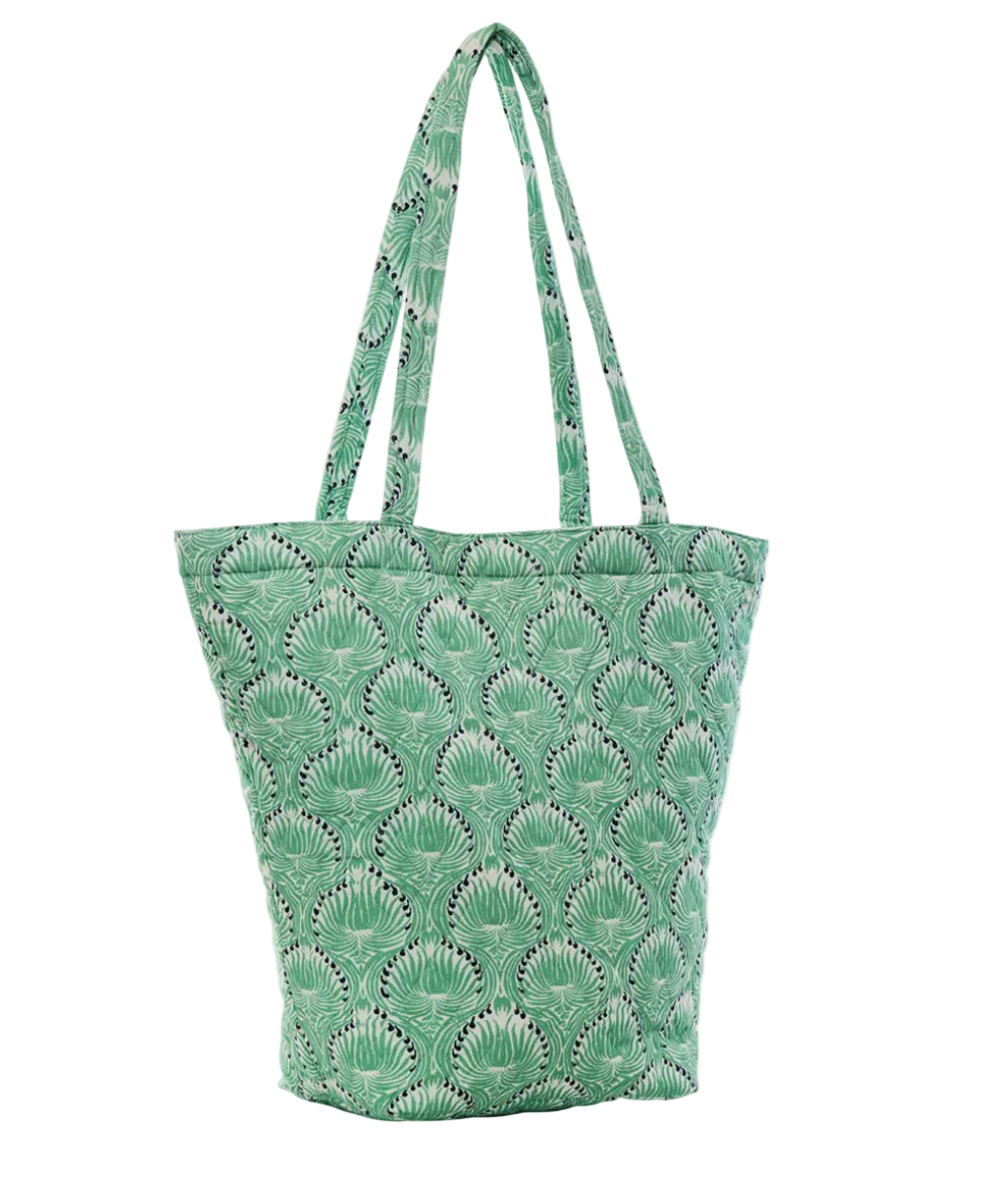 John Robshaw Divit Quilted Bag featuring a green and white repeating leaf pattern with dual shoulder straps.