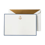 The Printery Anchor Note Card Box Set includes white engraved cards with navy borders and a gold anchor at the top, paired with white envelopes featuring gold tissue linings.